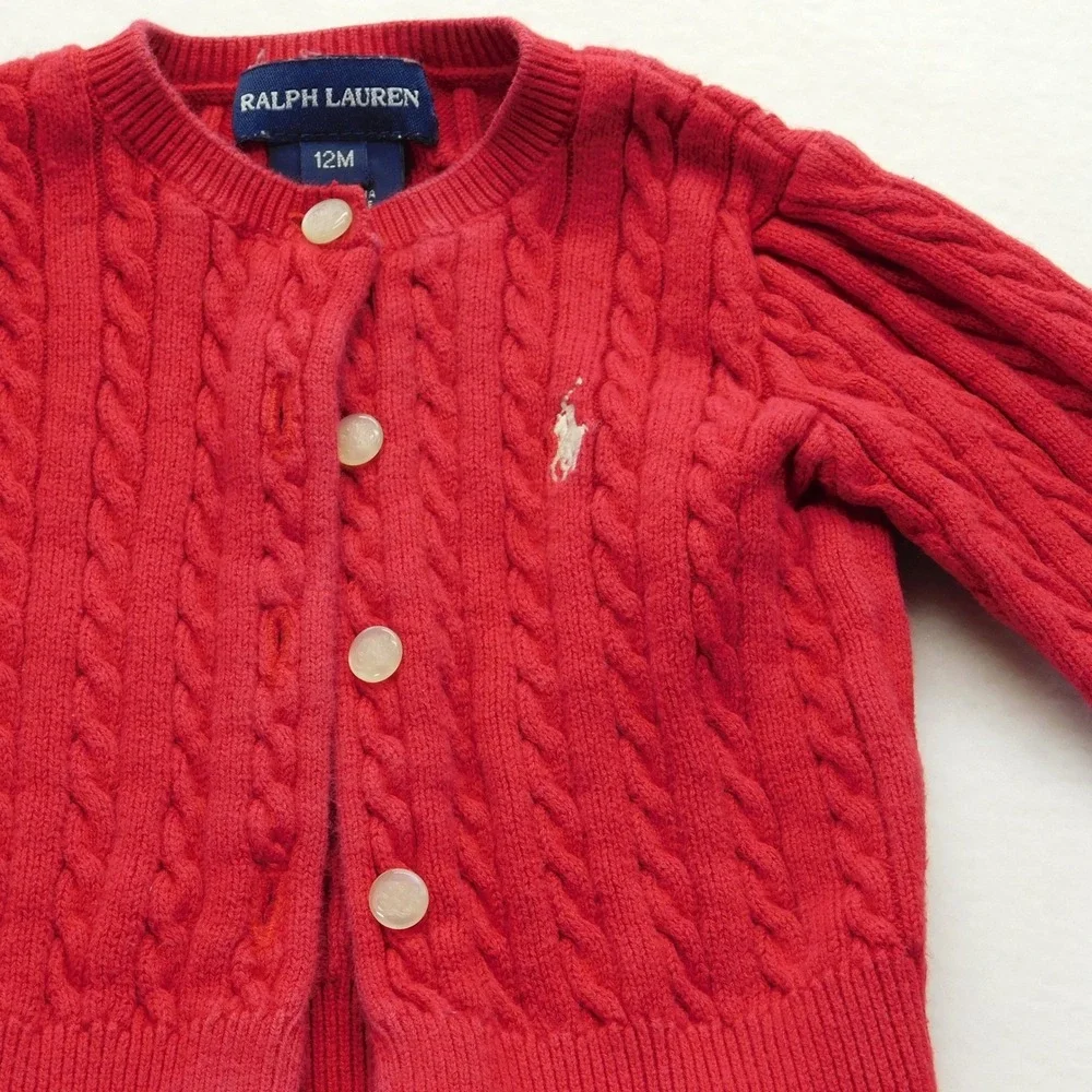 Ralph Lauren Cable Knit Ruffle Cardigan Baby 12M Red‎ Cotton
